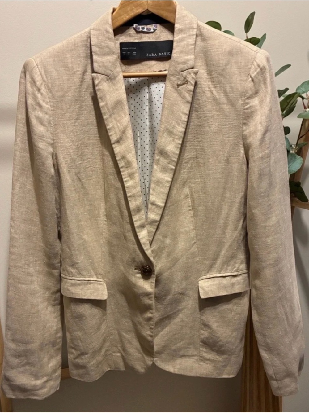 Zara Beige Linen-Blend Single-Button Blazer